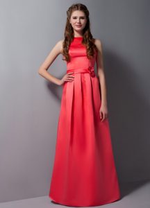 Rust Red Column High Neck Prom Bridesmaid Dress with Sash Made in Taffeta