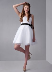 White V-neck Mini-length Bridesmaid Dress with Belt