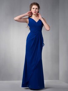 Customize Royal Blue V-neck Chiffon Bridesmaid Dress with Ruching on Sale