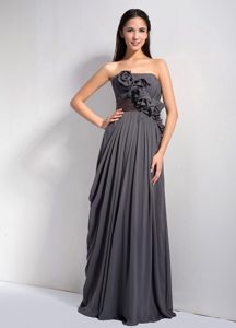 Modest Dark Grey Strapless Chiffon Bridesmaid Dress with Hand Made Flowers
