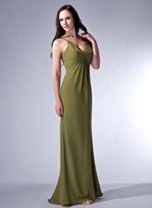 Cheap Olive Green Column V-neck Prom Long Dress for Bridesmaid in Chiffon