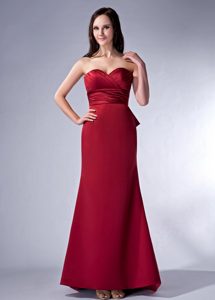 Modern Wine Red Column Bridesmaid Long Dress Made in Satin with Ruching