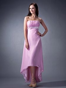 Remarkable Strapless High-low Prom Bridesmaid Dresses with Ruching in Pink