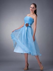 Baby Blue Strapless Bridesmaid Dress with Hand Made Flower Made in Chiffon