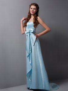 Customize Baby Blue Strapless Bridesmaid Long Dress in Satin with Bowknot
