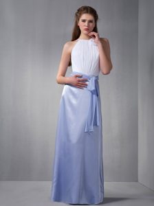 Lilac and White High Neck Chiffon Bridesmaid Dress in Taffeta with Hand Flower