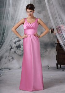 Pink Wide Straps Long Satin Bridesmaid Dresses with Ruching for Less