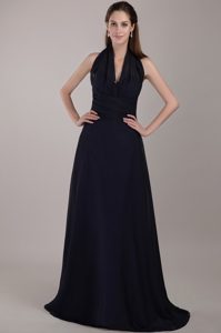 Navy Blue Halter Top Chiffon Ruched Prom Bridesmaid Dress with