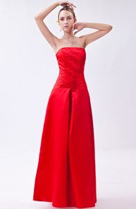 Red Column Strapless Long Bridesmaid Dress with Beading in Taffeta