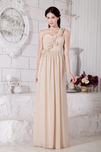 Champagne Empire One Shoulder Prom Bridemaid Dress with Hand Flowers