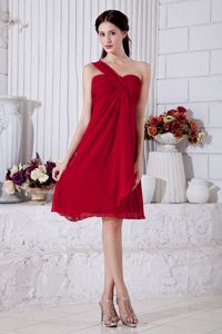 Empire One Shoulder Chiffon Prom Bridesmaid Dress in Wine Red for Cheap