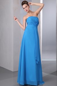 Teal Empire Strapless Chiffon Ruched Bridesmaid Dresses with Hand Flowers