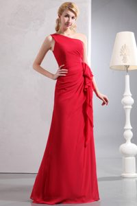 Red Column One Shoulder Bridesmaid Dress with Ruching in Chiffon for Less