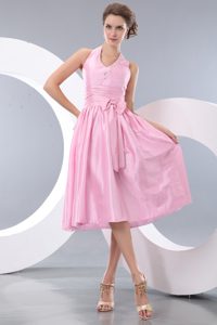 Exquisite Pink Halter Junior Bridesmaid Dress Made in Taffeta with Bowknot