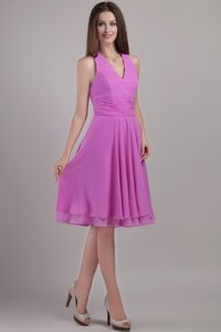 Lavender Empire Halter Top Chiffon Bridesmaid Dress with Ruching for Less