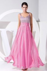 Pretty 2014 Beading Decorated Straps Ankle-length 2013 Prom Dress in Rose Pink