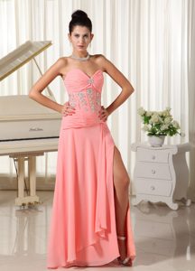 High Slit Watermelon Sweetheart Chiffon Prom Evening Dress with Waist Beaded