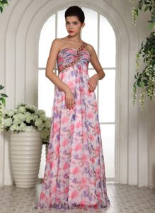 Beading Decorated One Shoulder Printed Chiffon Celebrity Prom Dress for Cheap