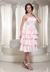 Attractive Tea-length Zipper-up Baby Pink Prom Dress for Ladies with Ruffles
