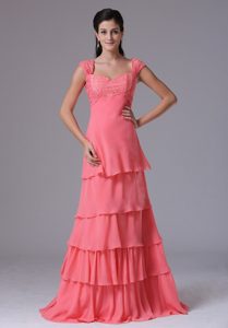 Watermelon Ruffled Square Fashionable Prom Court Dresses with Appliques