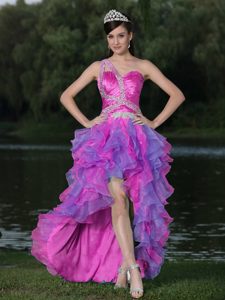 Luxurious High-low Beaded and Ruched Prom Graduation Dress in Multi-color