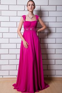 Best Seller Fuchsia Ruched and Beaded Zipper-up Long Dress for Prom Court