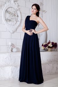 Navy Blue One Shoulder Beaded Chiffon Gorgeous Prom DressQueen