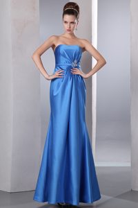 Charming Strapless Beaded Ankle-length Satin Prom Nightclub Dress in Blue
