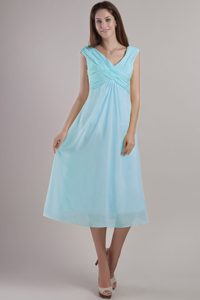 Magnificent Light Blue V-neck Ankle-length Prom Holiday Dress for Summer