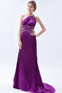 New One Shoulder Ruched and Beaded Prom Court Dress in Eggplant Purple