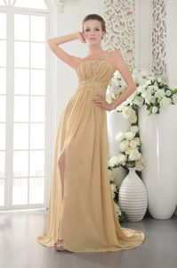 Strapless Ruched High Slit Special Gold Prom Nightclub Dress with Appliques