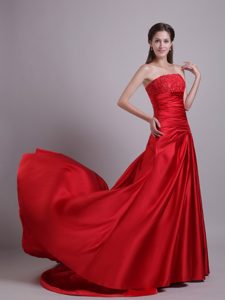 Discount Strapless Beaded and Ruched Prom Party Dress with Zipper-up Back