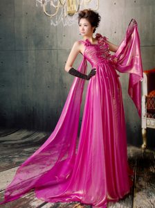 Fashionable Fuchsia Watteau Train Spring Prom Evening Dresses with Flowers