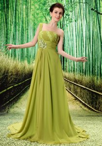 Fabulous Olive Green One Shoulder Appliqued Spring Dress for Prom Queen