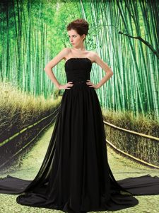 Wonderful Strapless Beaded Watteau Train Prom Nightclub Dresses in Black