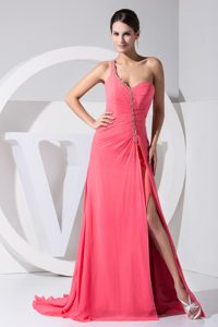 Beaded High Slit Side Zipper Discount Prom Cocktail Dresses in Watermelon