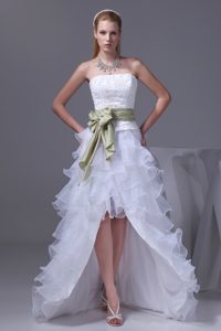 Impressive White High-low Embroidered Organza Prom Party Dress with Sash