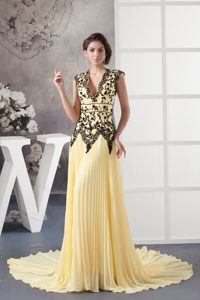 Magnificent V-neck Court Train Chiffon Prom Pageant Dress in Light Yellow