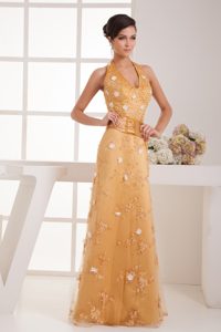 Gorgeous Gold Halter Top Long Prom Dresses for Ladies with Beading