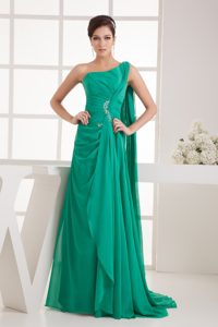 Green One Shoulder Watteau Train Beaded and Ruched Prom Dress for Girls
