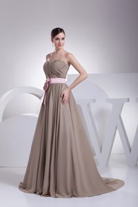 Champagne Strapless Ruched Chiffon Fabulous Prom Court Dresses with Sash