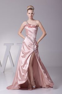 Luxurious High Slit Zipper-up Baby Pink Prom Nightclub Dress with Beading