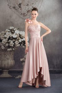 Unique One Shoulder High-low Ruched Prom Bridesmaid Dresses with Flowers