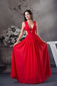 Plunging V-neck Red Summer Magnificent Prom Party Dresses in Floor-length
