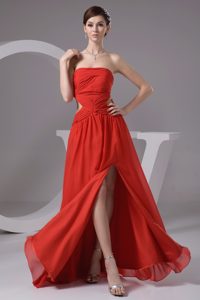 Strapless High Slit Ruched Chiffon Fabulous Prom Celebrity Dress in Orange