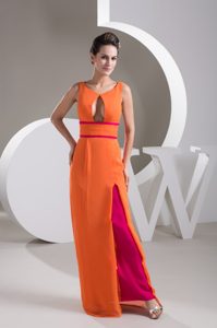 Orange and Red V-neck Long Dressy Prom Holiday Dress with Cutout
