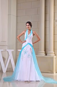 Wonderful Halter Mermaid White and Blue Organza Prom DressCourt