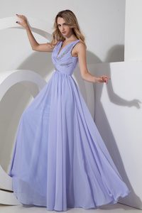 Lilac V-neck Long Beaded Chiffon Impressive Dress for Prom Queen