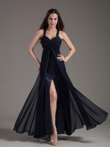 Attractive Beaded Navy Blue Ankle-length Prom Nightclub Dress with Straps