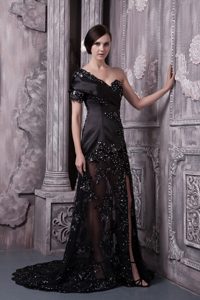 Black One Shoulder Beaded Magnificent Prom Cocktail Dress with High Slit